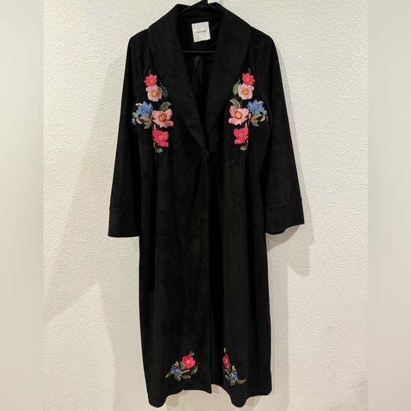 Fig & Viper Black Embroidered Floral Longline Faux Suede Boho Trench Coat Large - Picture 1 of 15